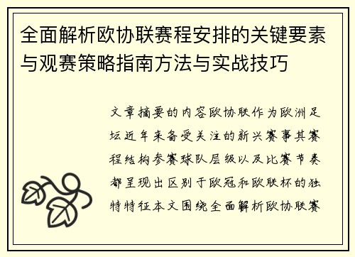 全面解析欧协联赛程安排的关键要素与观赛策略指南方法与实战技巧